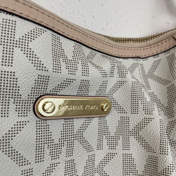 Michael Kors Jet Set Monogram Shoulder Bag Pleated White Tan Signature MK Logo - Picture 11 of 13